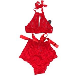 AVIDLOVE 2pc Red Lace Lingerie Halter Bralette & Cheeky Bottom Set NEW!